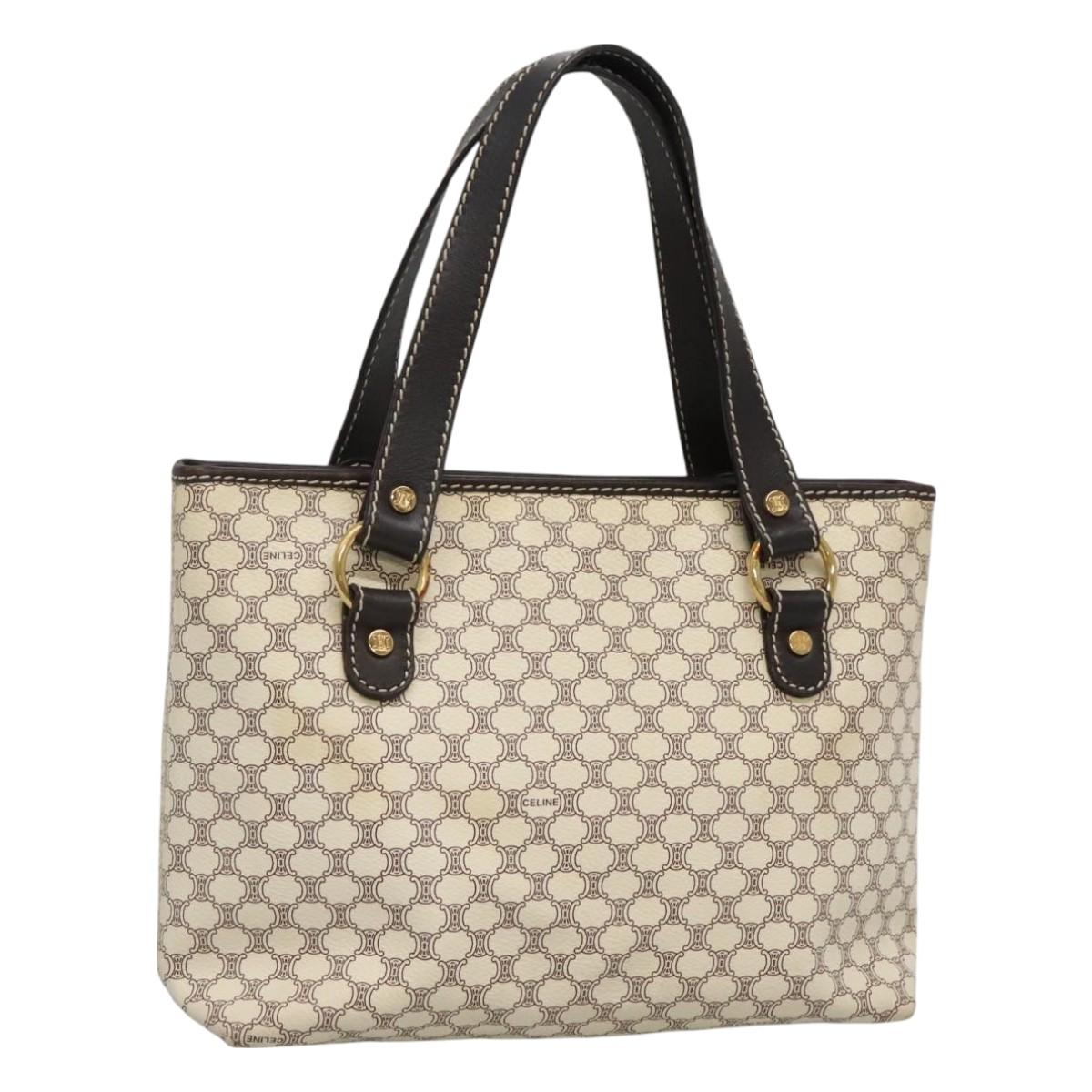 CELINE Macadam Canvas Hand Bag PVC Leather White Gold Auth 128642