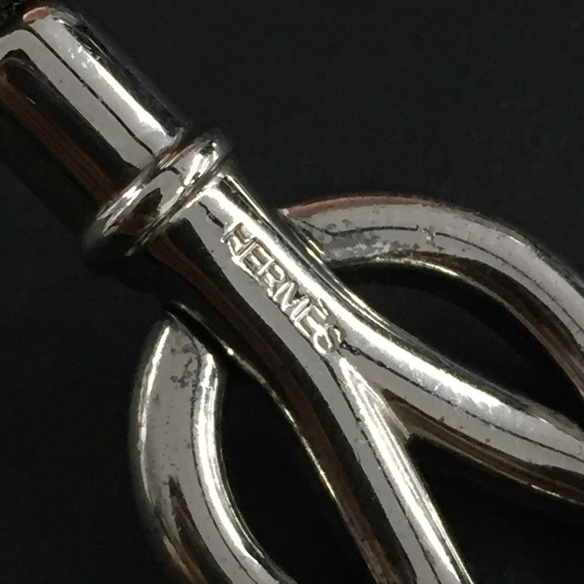 HERMES Atame Leather Silver Tone Bracelet Black