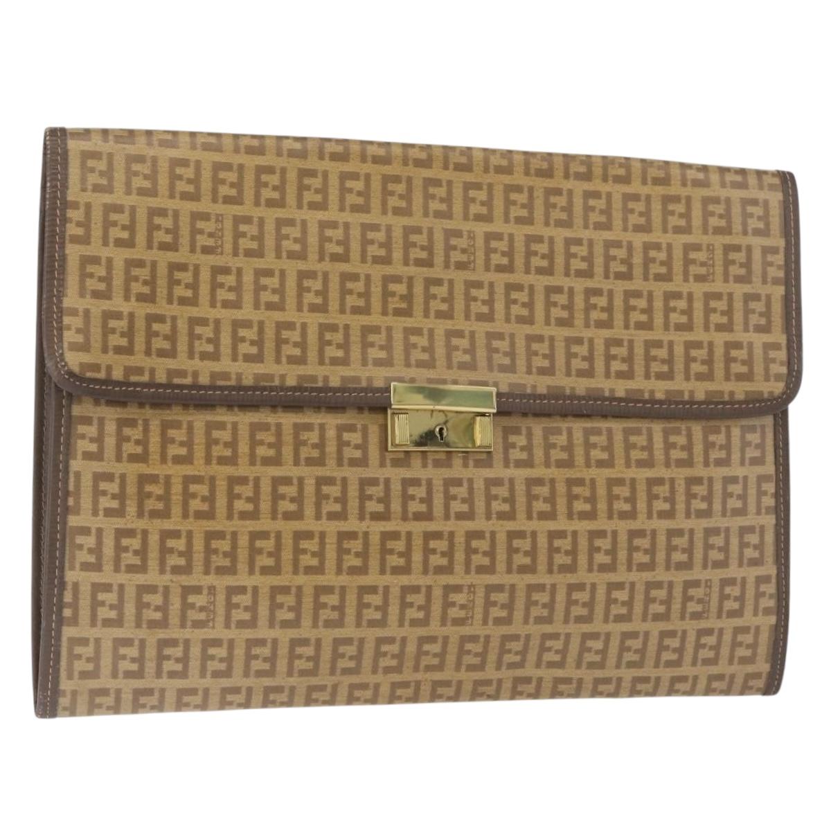 FENDI Zucchino Canvas Clutch Bag Beige Gold Auth 182473